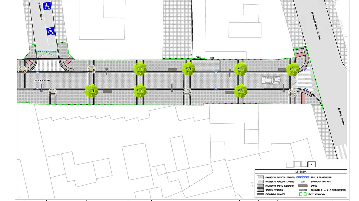 Plano del tramo final semipeatonalización Avenida de Portugal, con la esquina de la calle García de Sola.