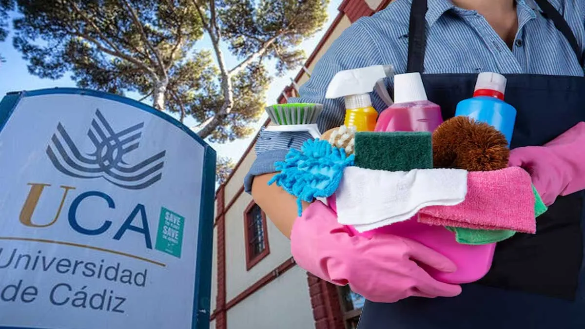 Panel de la UCA y a su derecha unapersona con productos de limpieza.