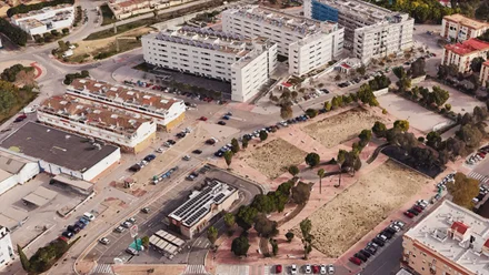 Edificios vistos en modo aéreo de Zona Franca en Puerto Real.