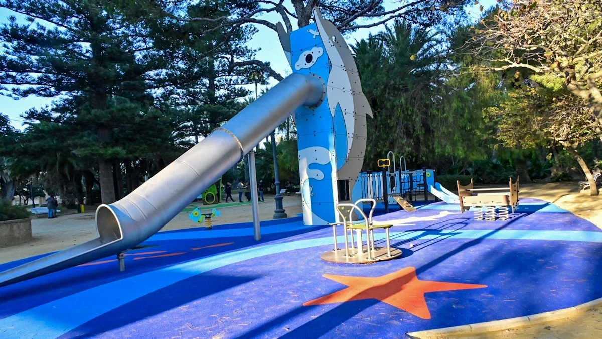 Un tobogán y otros juegos en la zona infantil del Parque Genovés de Cádiz