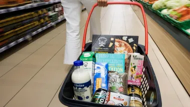 Mujer con un carro-cesto con productos en su interior.