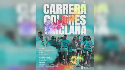 Cartel en tonos turquesas y corredores de la Carrera de los Colores de Chiclana.