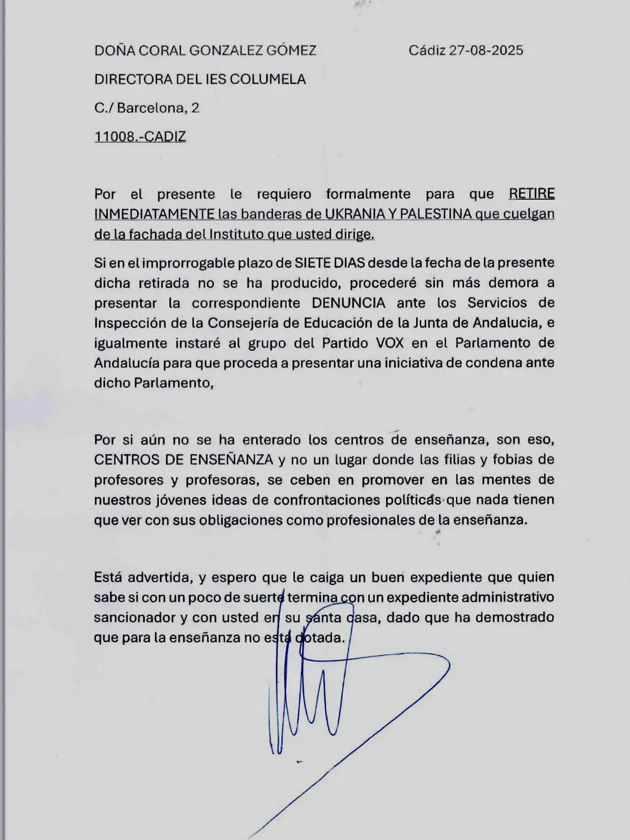 Carta anómica publicada por el IES Columela en sus redes. Foto: Facebook.