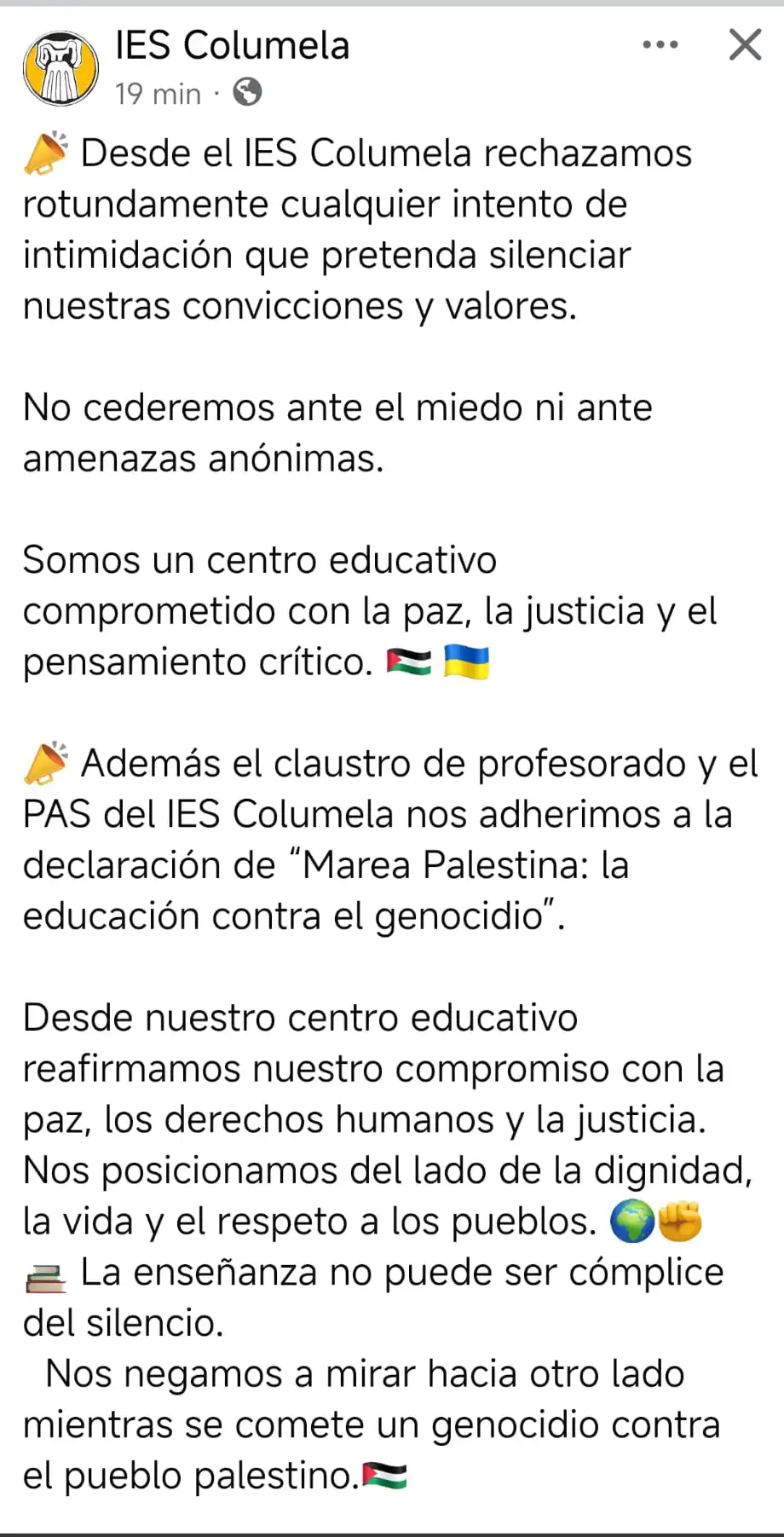 Comunicado en redes del IES Columela tras recibir el anónimo. Foto: Facebook.