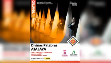 Cartel en tonos blanco, negro y anaranjado de la obra "Divinas Palabras" en Chiclana.