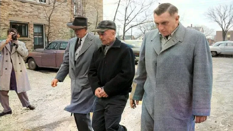 El asesino Ed Gein esposado en el momento de la detención.