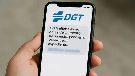 Mano sosteniendo un teléfono móvil con el mensaje fraudulento en pantalla.
