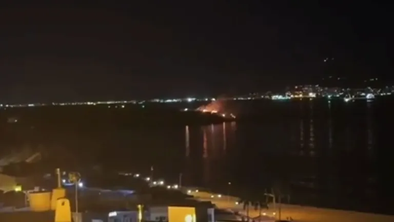 Vista del mar y de las llamas en el Parque del Centenario de Algeciras destacando en la noche.