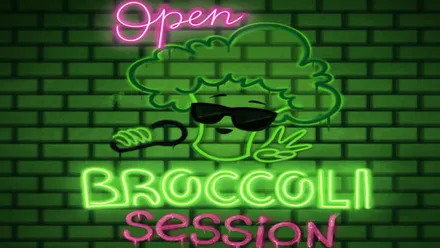 Logotipo en verde del Open Brocoli, sobre pared de ladrillos en verde y letras rosadas.