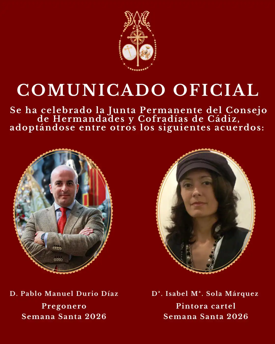 Ya hay pregonero y autora del cartel para la Semana Santa de 2026 de Cádiz