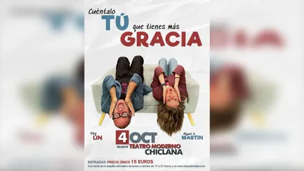 Cartel de "Cuéntalo tú que tienes más gracia" con los dos protagonistas cabeza abajo tocándose la cara.
