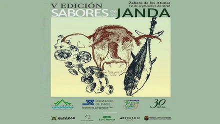 Cartel de la V Edición de Sabores de la Janda en un tono verde agua y amarillo.