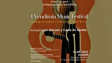 Cartel en tonos rojizos y tierra de Vendimia Music Festival de Jerez.