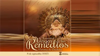 Cartel, en tonos ocres y amarillos, con la imagen de la Virgen de los Remedios de Chiclana.