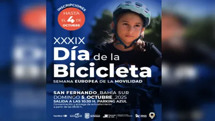 Cartel en tonos azules y con una niña en bici del Día de la Bicicleta celebrará su 39ª edición en San Fernando
