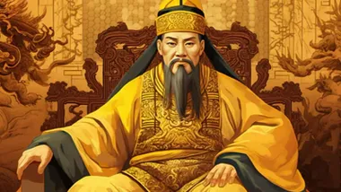 Emperador chino luciendo una túnica amarilla de forma solemne.