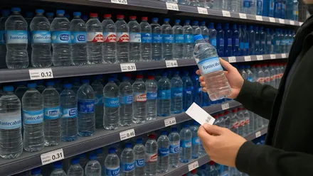 Estantería con muchas marcas de agua embotellada.