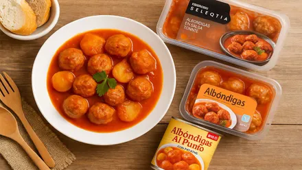 Plato con albóndigas en tomate y a su lado envases con otros tipo de albóndigas.