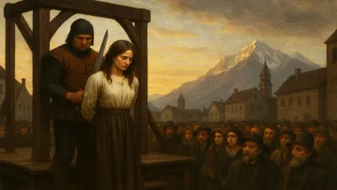 Anna Göldi en el patíbulo y tras ella el verdugo ante la mirada de la multitud.