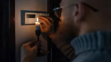 Hombre con una vela toca el termostato de la casa.