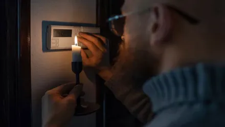 Hombre con una vela toca el termostato de la casa.