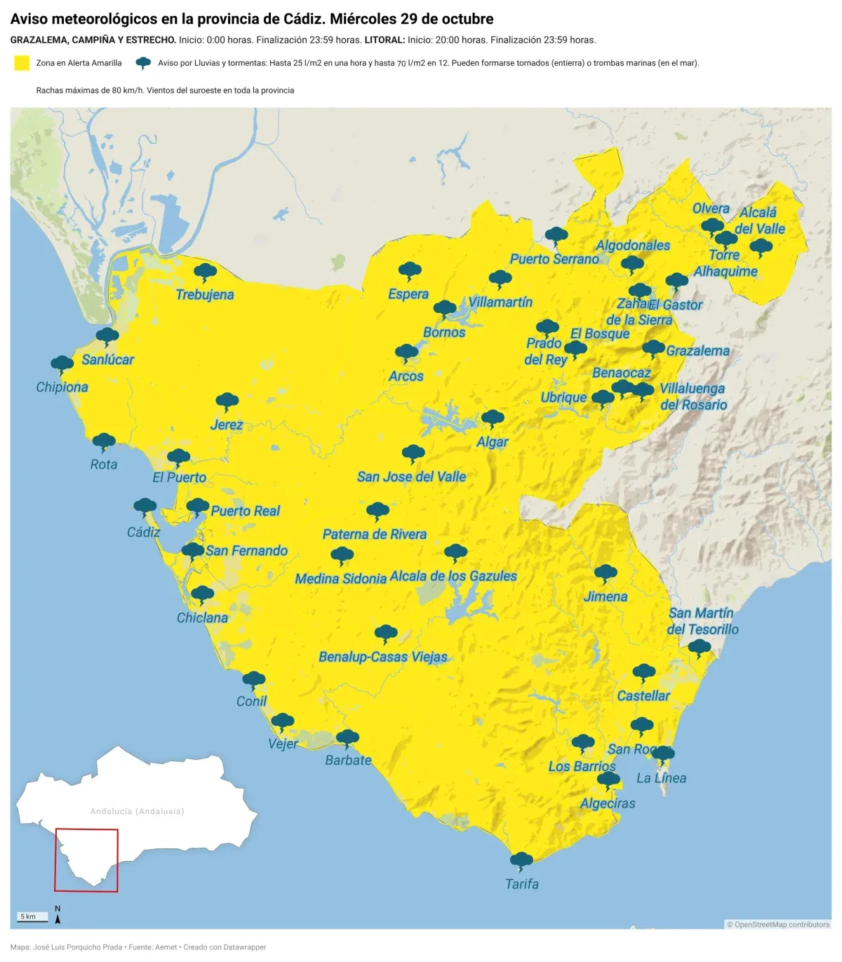 Aviso amarillo en toda la provincia de Cádiz por lluvias, viento y tormentas con posibilidad de tornados o mangas marinas