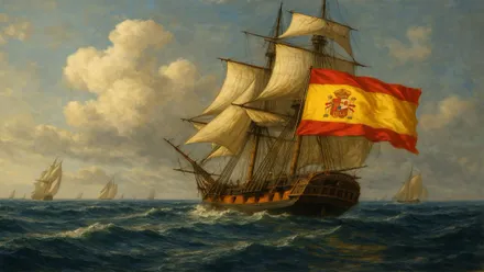 Galeón con la bandera rojigualda y su escudo.