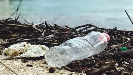 Botella de plástico tirada y contaminando el entorno del mar.