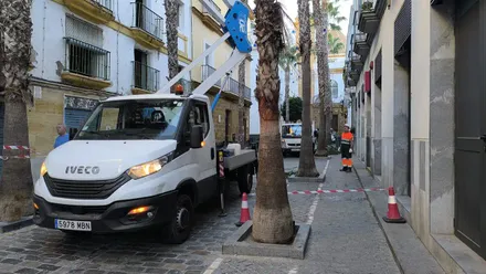 Lugar de la calle de la Palma en el que sucedieron los hechos. En el suelo se observan restos del mismo y se ven a operarios municipales podando árboles de la calle y las luces de la celebración de la conmemoración del maremoto de Cádiz ya instaladas.