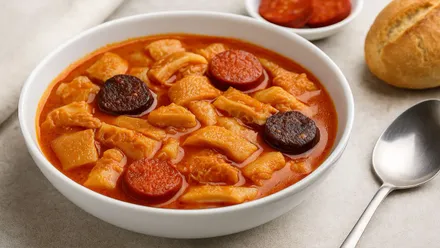 Plato blanco con callos con chorizo y una cuchara a su derecha con pan.