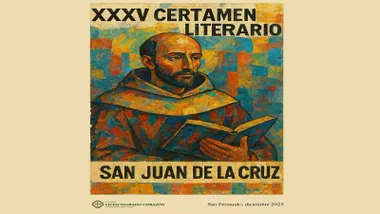 Cartel del Certamen literario con una imagen dibujada de San Juan de la Cruz.