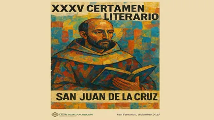 Cartel del Certamen literario con una imagen dibujada de San Juan de la Cruz.
