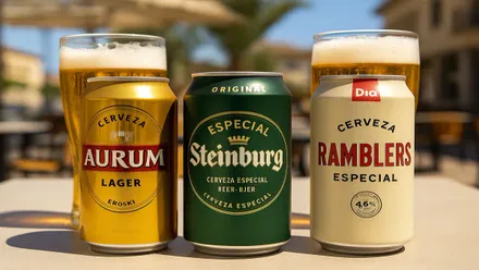 Tres latas de cerveza, tras ellas dos copas con esta bebida.