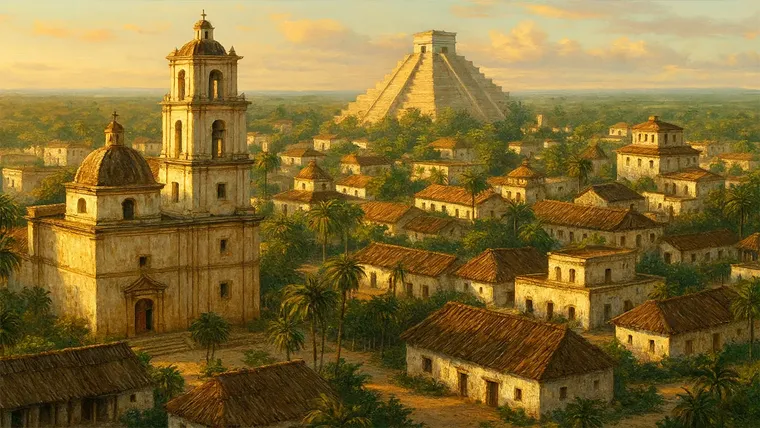 Iglesia de la ciudad de Hunacti y al fondo una pirámide.