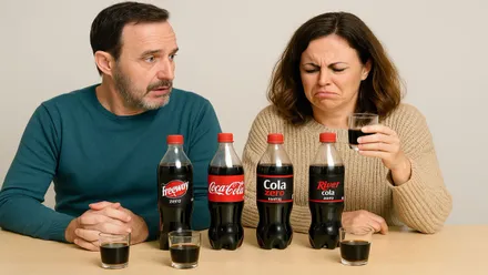 Hombre y mujer realizando una cata de marcas blancas de Coca-Cola.