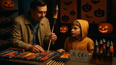 Hombre vendiendo a un niño un cohete que sostiene en su mano, todo muy adornado con elementos de Halloween.