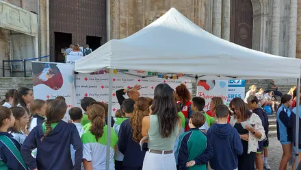 Un grupo de escolares se agolpa en una de las carpas de Cruz Roja en la Plaza de la atedral de Cádiz por el Día de la Banderita 2025.