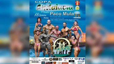 Cartel del evento culturista en Rota con culturistas musculados/as en el mismo.
