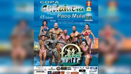 Cartel del evento culturista en Rota con culturistas musculados/as en el mismo.