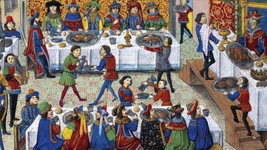 Cuadro con un banquete medieval.