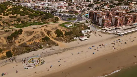 Vista desde el aire de la playa de Matalascañas con el mural de residuos y voluntarios trabajando