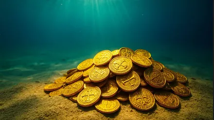 Doblones de oro iluminados por los tibios rayos del sol bajo el agua.