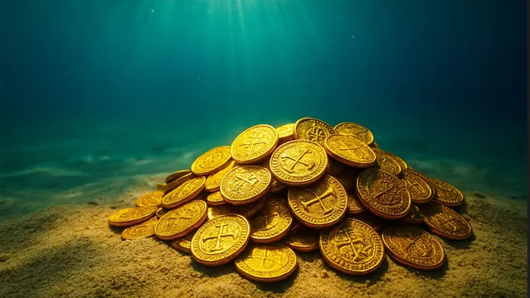 Doblones de oro iluminados por los tibios rayos del sol bajo el agua.