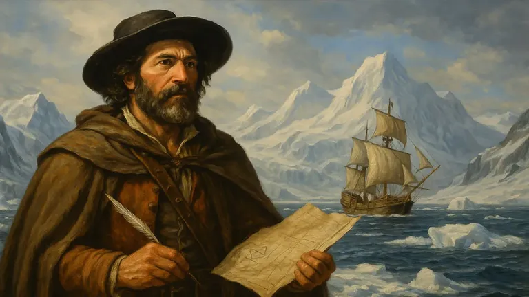 Imagen de Francisco Seyxas y un galeón tras él con los hielos de la Antártida.
