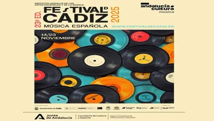 Discos de vinilo destacando en el cartel del Festival de Cádiz 2025.