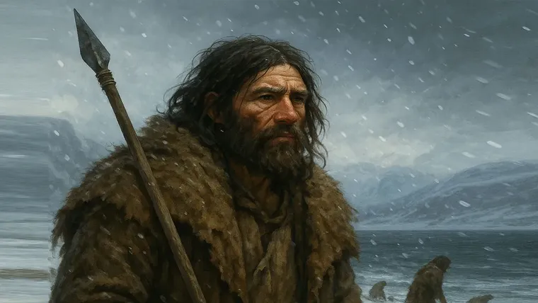 Hombre en un paisaje nevado, es prehistórico, viste pieles y porta una lanza para cazar.
