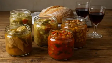 Mesa con tarros con comida y copas de vino y una pieza de pan tras los mismos.