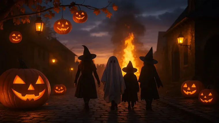 Unos niños en una calle con disfraces por Halloween y las típicas calabazar adornándolo todo.