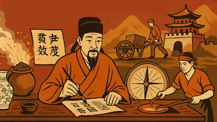 Chino escribiendo en papel e inventos chinos tras él.