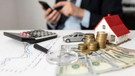 Persona haciendo cálculos en una mesa con dinero, casa y un coche en miniatura junto a una calculadora.